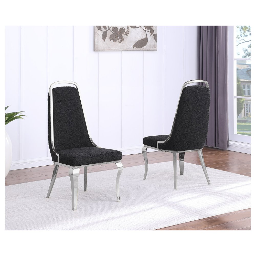 9Pc Tampered Glass Dining Set With 8 Black Boucle Side Chairs And A Silver Base
