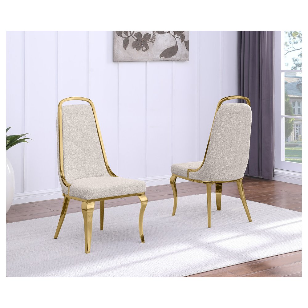 9Pc Tempered Glass Dining Set With 8 Cream Boucle Side Chairs And A Gold Base