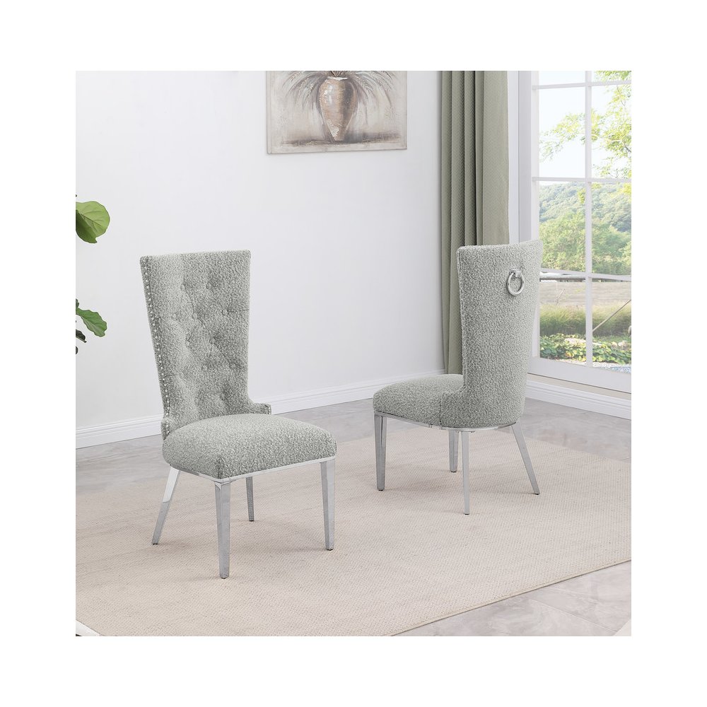 Rich Gray Boucle Fabric With Silver Chrome Base Glam Dining Chairs (Set Of 2)