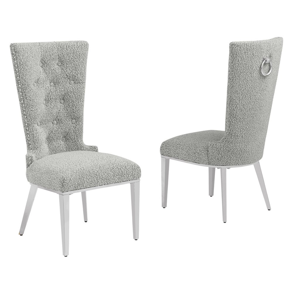 Rich Gray Boucle Fabric With Silver Chrome Base Glam Dining Chairs (Set Of 2)