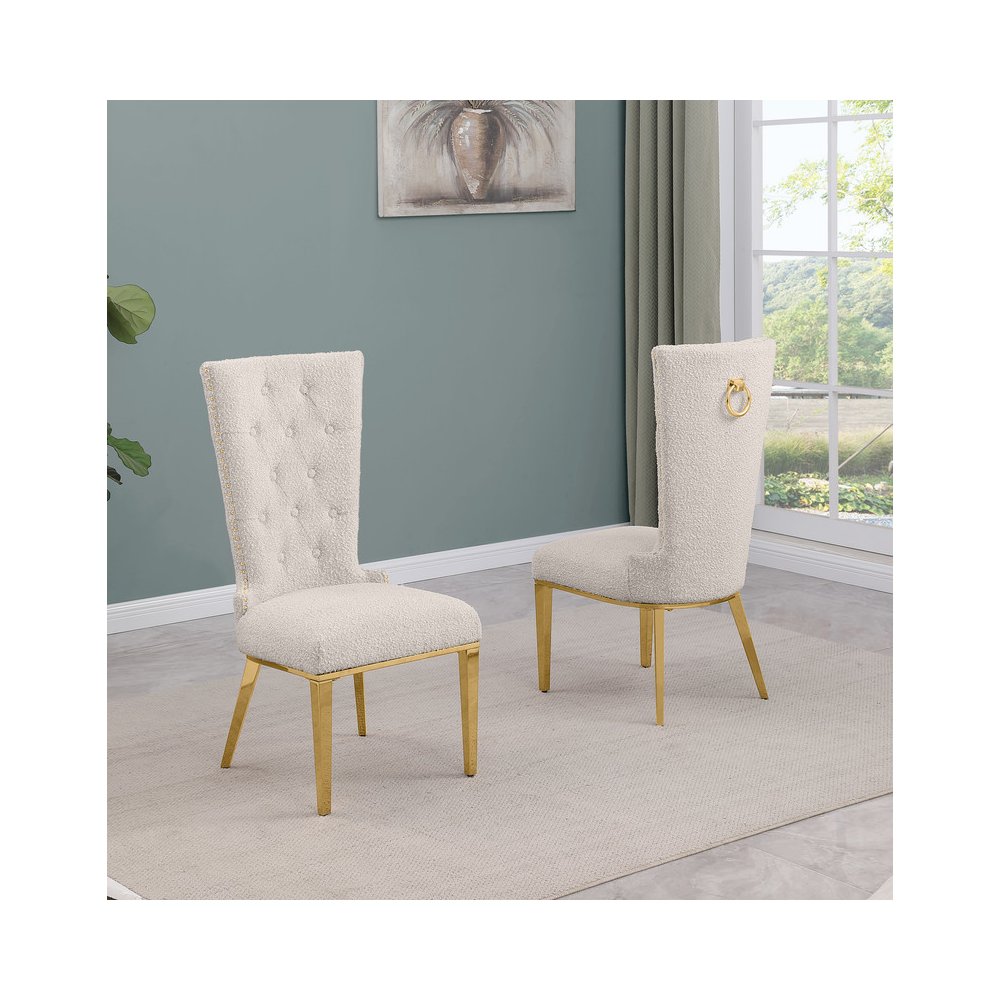 Cream Boucle Fabric With Gold Chrome Base Glam Dining Chairs (Set Of 2)