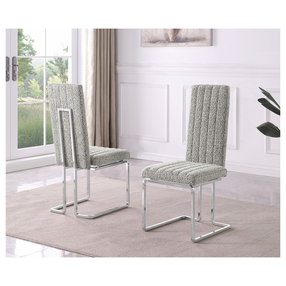 Rich Gray Boucle Fabric Silver Chrome Base Back Rest Dining Chairs (Set Of 2)
