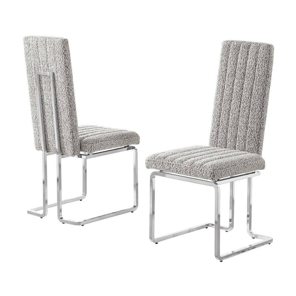 Rich Gray Boucle Fabric Silver Chrome Base Back Rest Dining Chairs (Set Of 2)