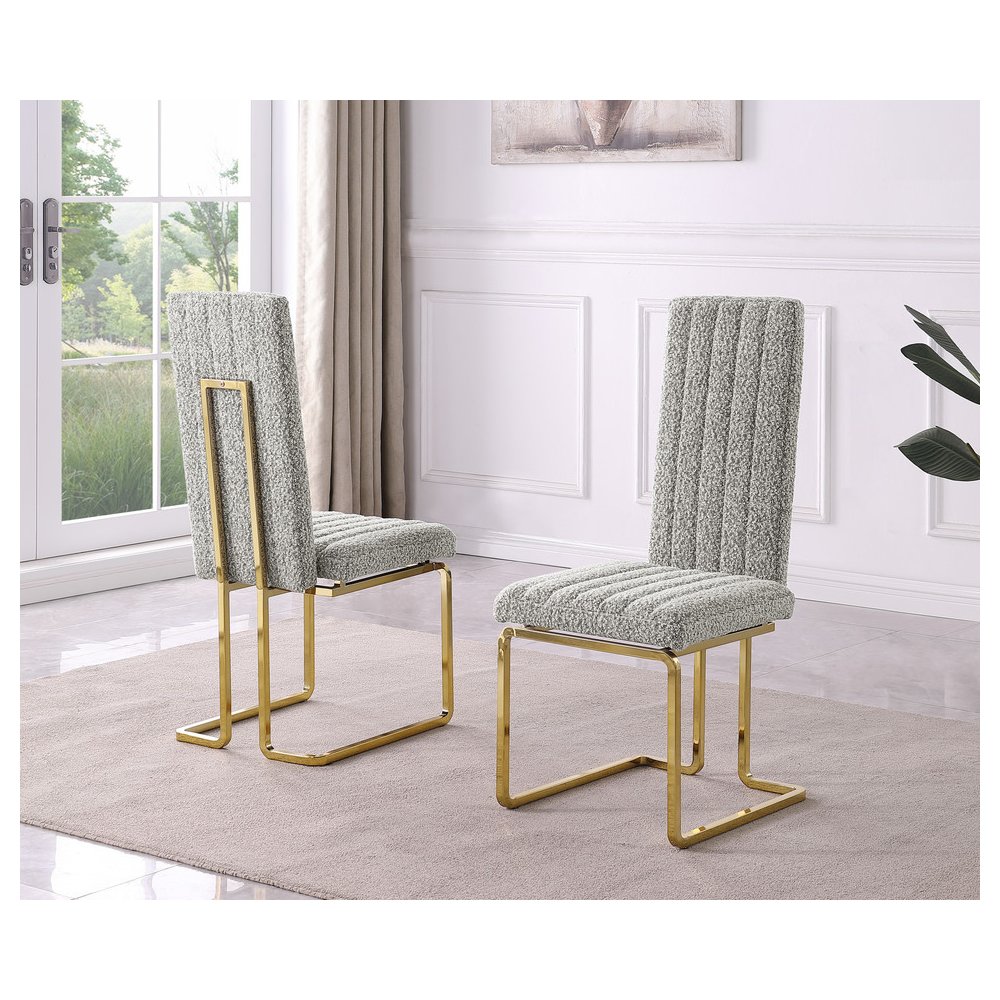 Rich Gray Boucle Fabric Gold Chrome Base Tall Back Rest Dining Chairs (Set Of 2)
