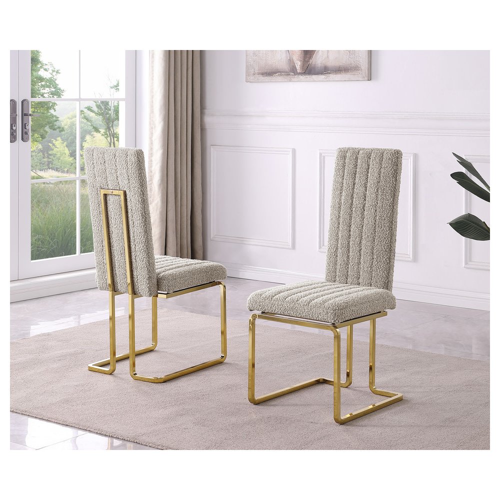 Gray Boucle Fabric With Gold Chrome Base Tall Back Rest Dining Chairs (Set Of 2)