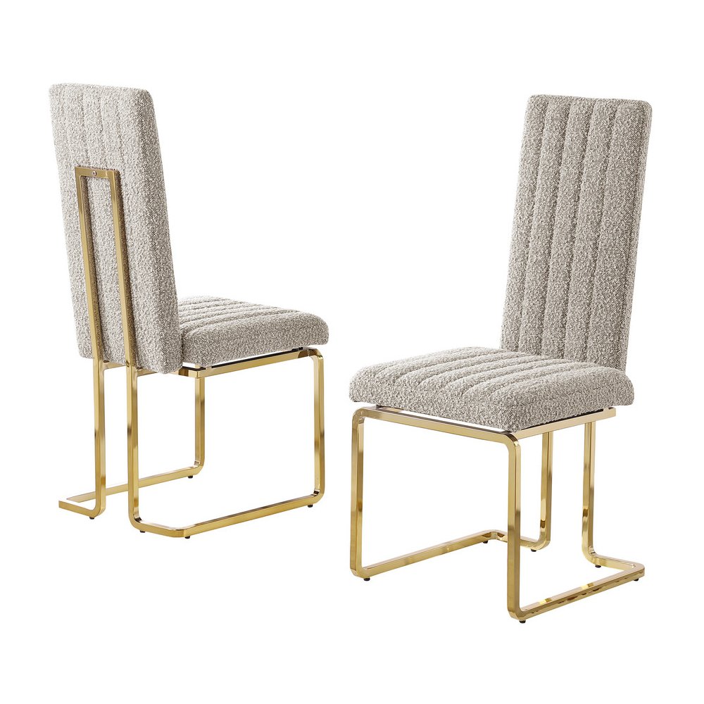 Gray Boucle Fabric With Gold Chrome Base Tall Back Rest Dining Chairs (Set Of 2)