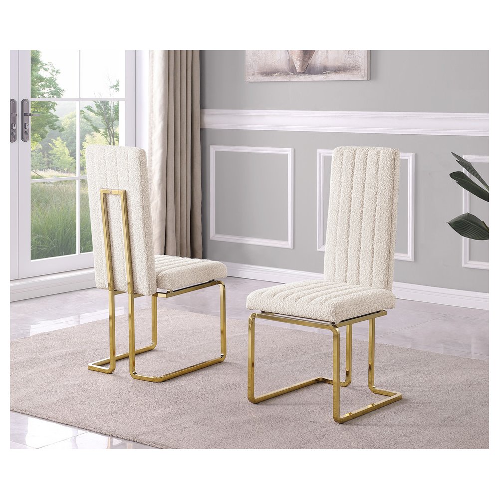 Cream Boucle Fabric Gold Chrome Base Tall Back Rest Dining Chairs (Set Of 2)