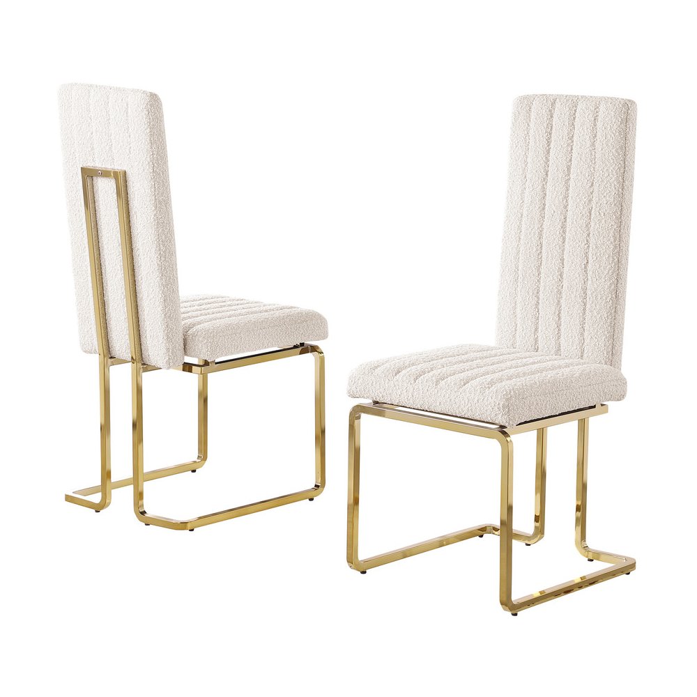 Cream Boucle Fabric Gold Chrome Base Tall Back Rest Dining Chairs (Set Of 2)
