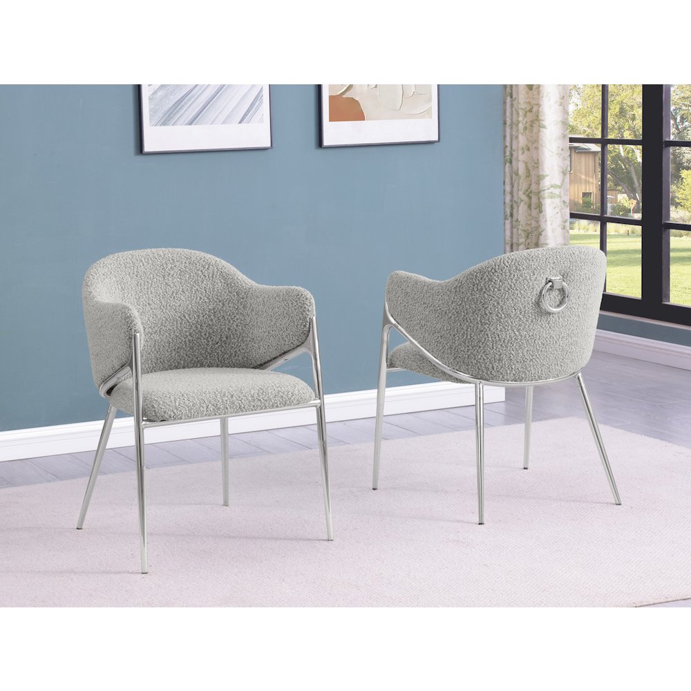 Rich Gray Boucle Fabric Side Chiars With Silver Base