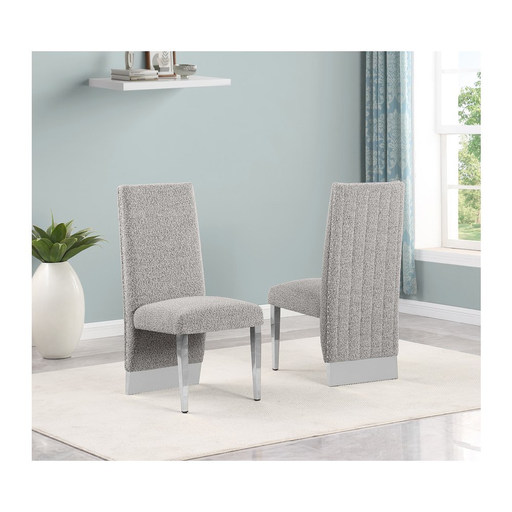9Pc Tempered Glass Dining Set 8 Rich Gray Boucle Side Chairs And Silver Base