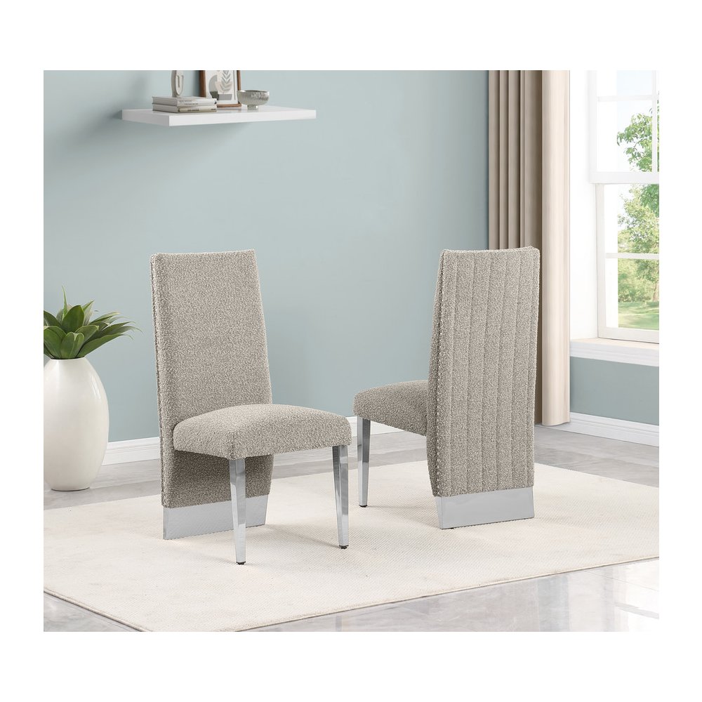 9Pc Tempered Glass Dining Set With 8 Gray Boucle Side Chairs And Silver Base