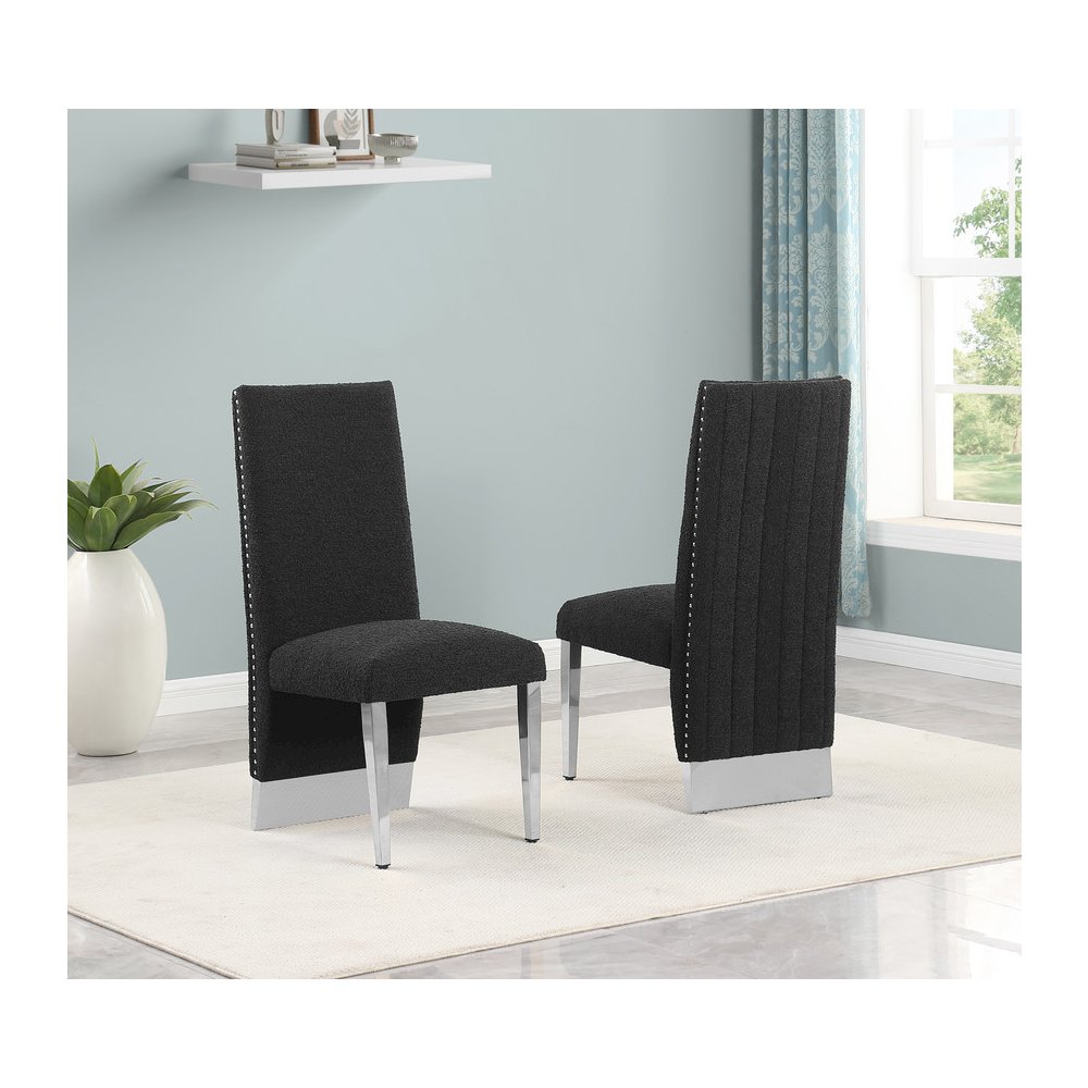 9Pc Tempered Glass Dining Set 8 Black Boucle Side Chairs And Silver Base