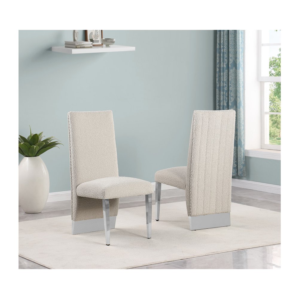 9Pc Tempered Glass Dining Set 8 Cream Boucle Side Chairs And Silver Base