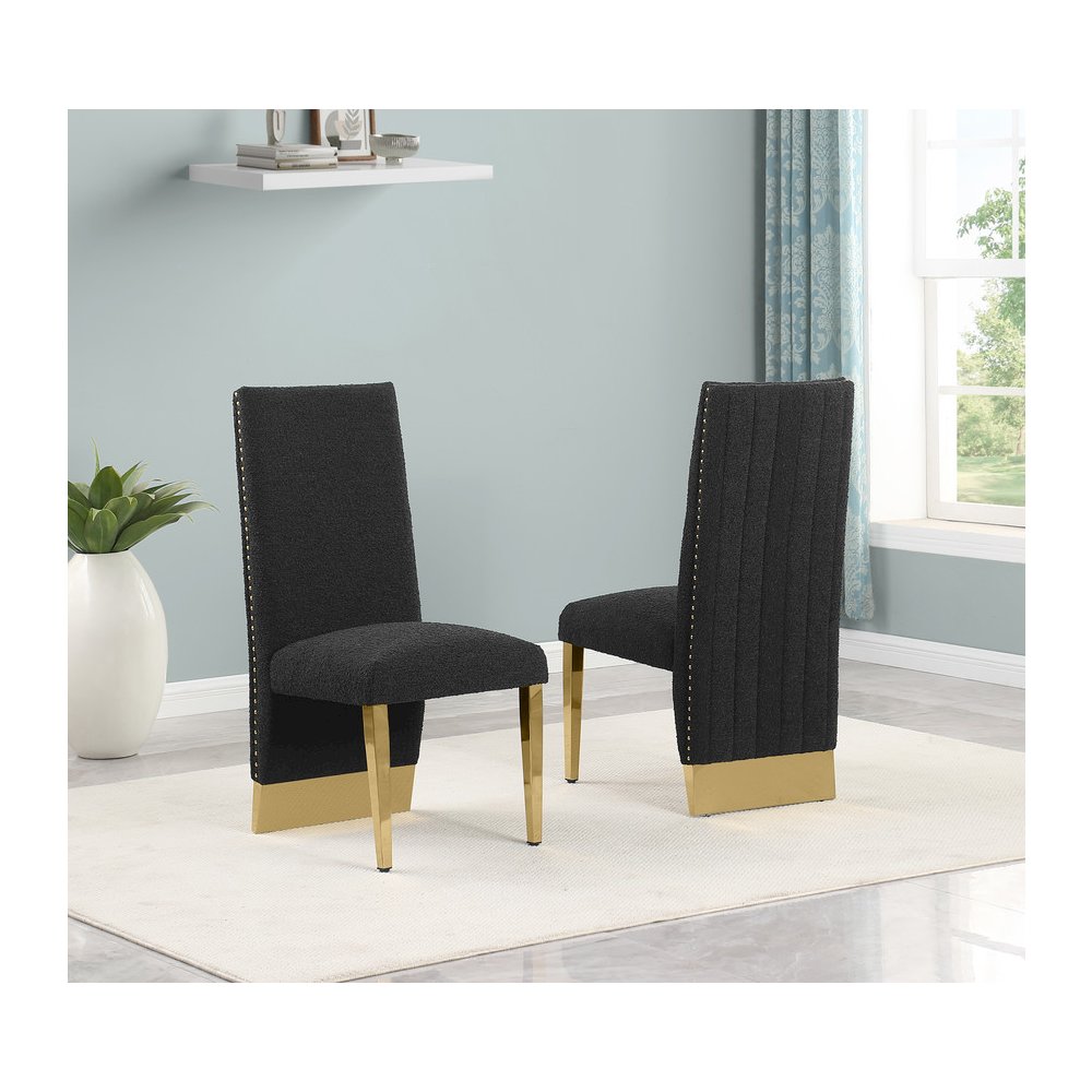 9Pc Tempered Glass Dining Set 8 Black Boucle Chairs And  Gold Base