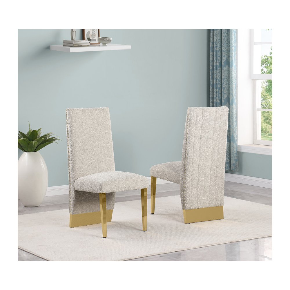 9Pc Tempered Glass Dining Set 8 Cream Boucle Chairs And Gold Base