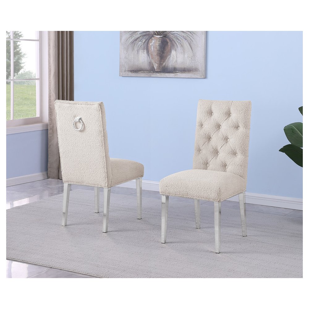 Cream Boucle Fabric With Silver Chrome Base Dining Chairs (Set Of 2)