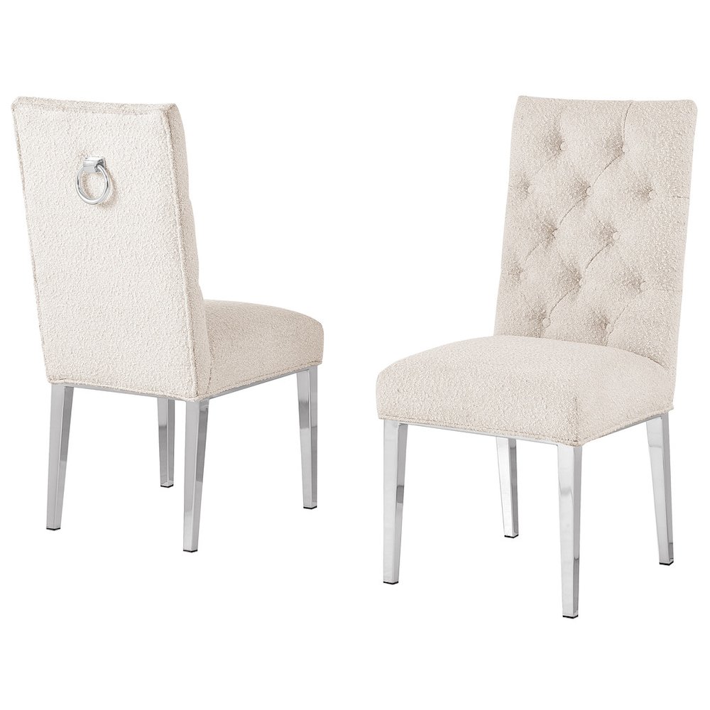 Cream Boucle Fabric With Silver Chrome Base Dining Chairs (Set Of 2)