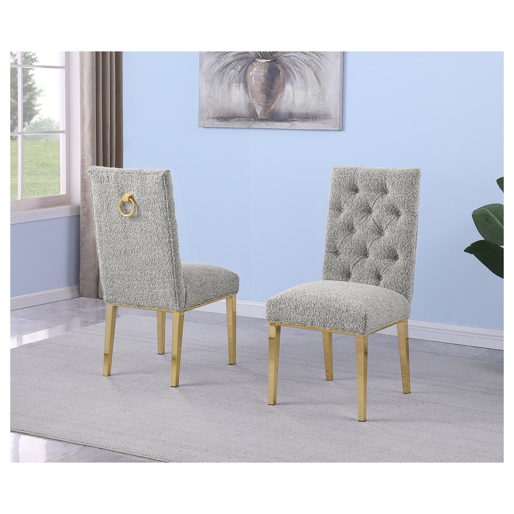Rich Gray Boucle Fabric With Gold Chrome Base Dining Chairs (Set Of 2)