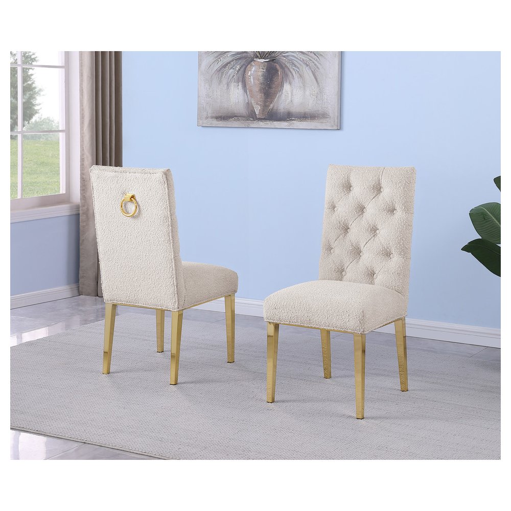 Cream Boucle Fabric With Gold Chrome Base Dining Chairs (Set Of 2)