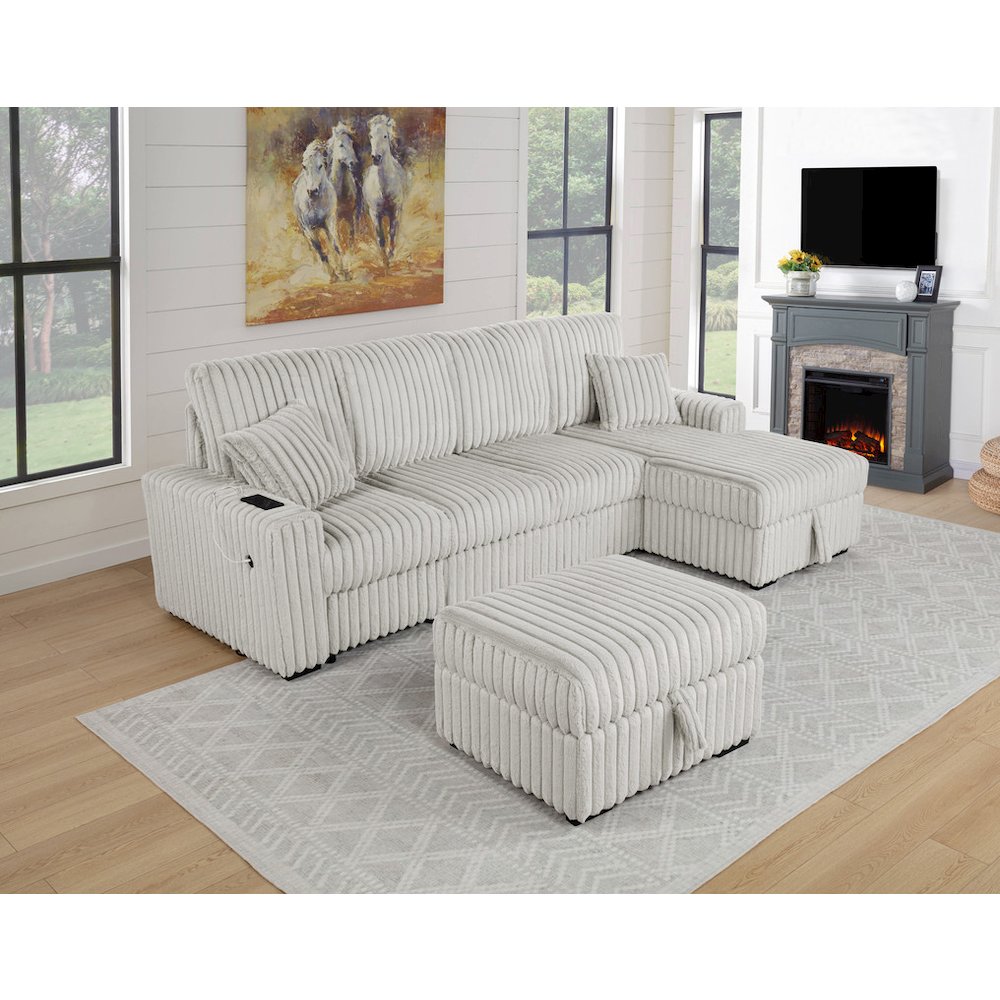 3PC Corduroy Sectional w/ Pull Out Loveseat