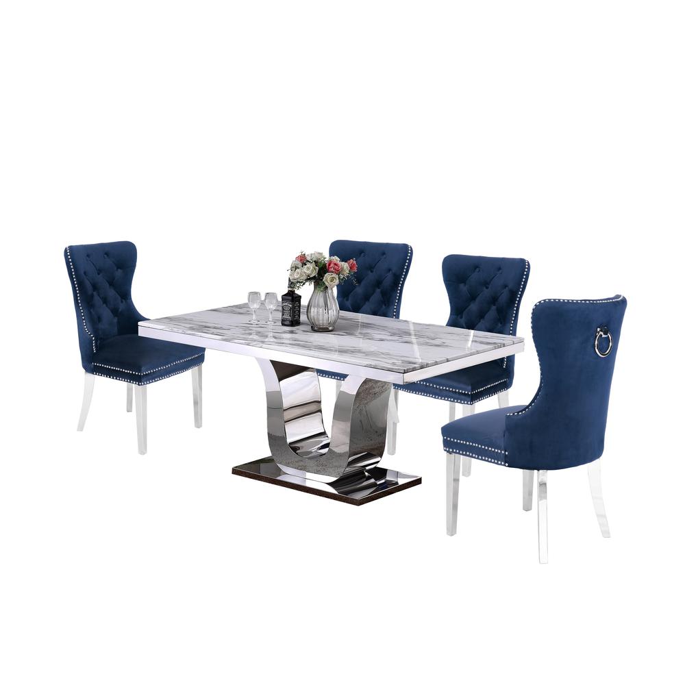 White Marble 5pc Set Tufted Wingback Chairs in Navy Blue Velvet