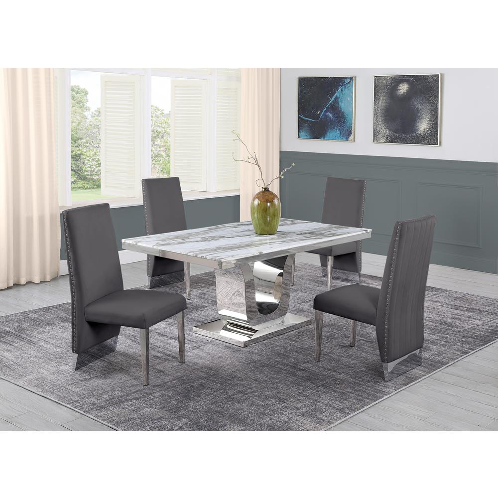 White Marble 5pc Set Pleated Chairs in Dark Grey Velvet