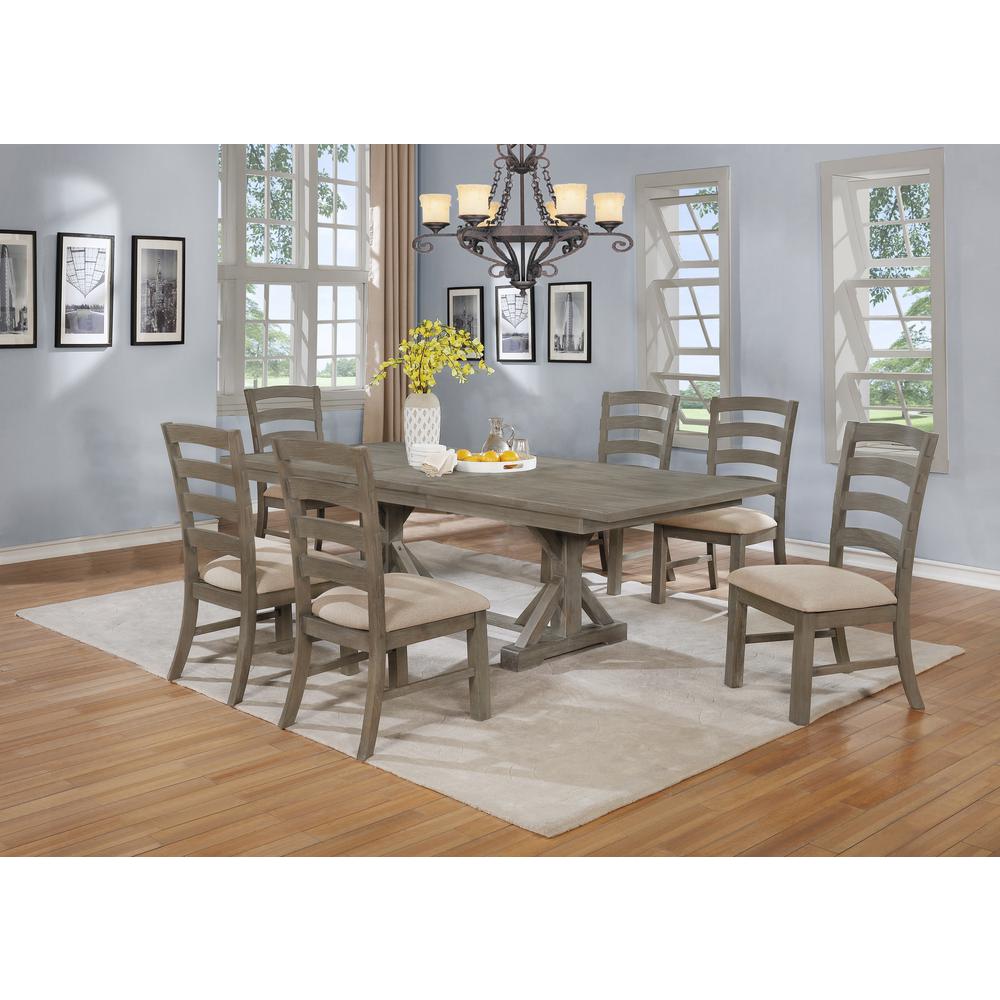 7 Piece Dining Set Extendable w/18″Center Leaf Extension & 6 Ladder-Back Chairs in Beige Linen