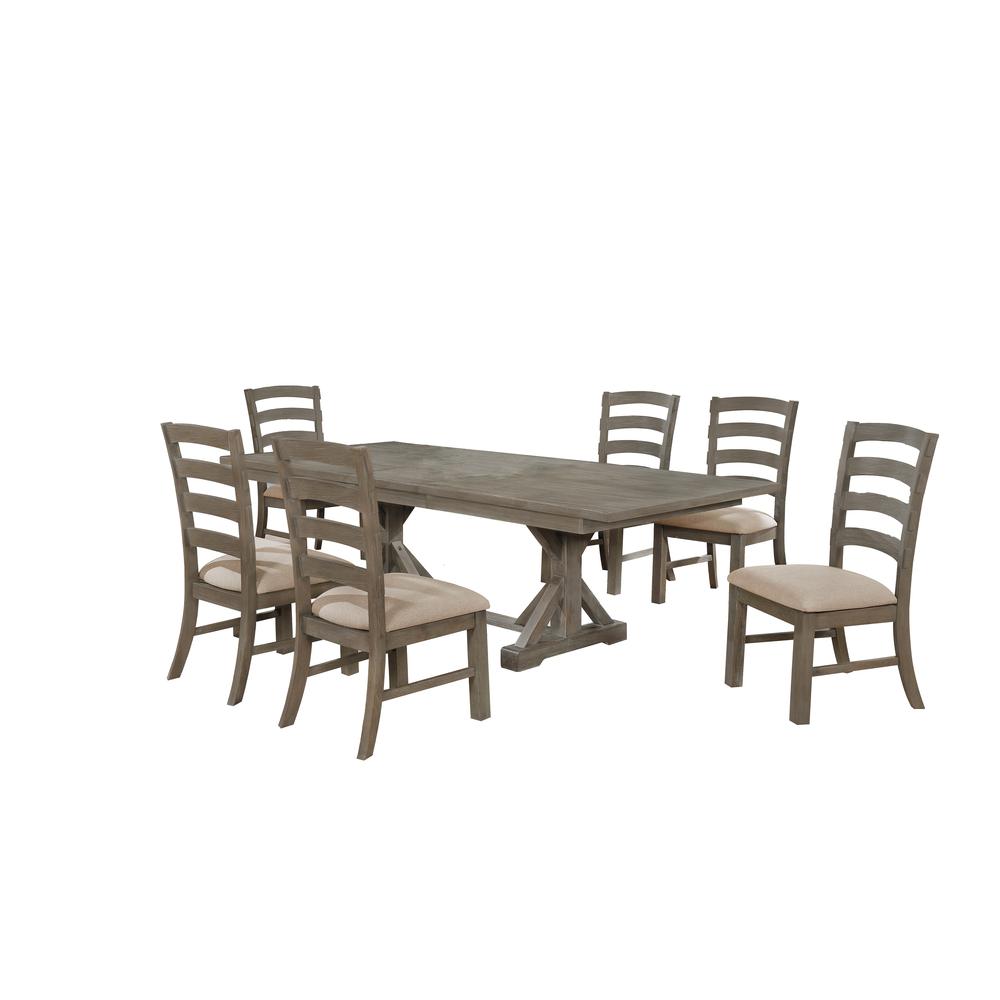 7 Piece Dining Set Extendable w/18″Center Leaf Extension & 6 Ladder-Back Chairs in Beige Linen