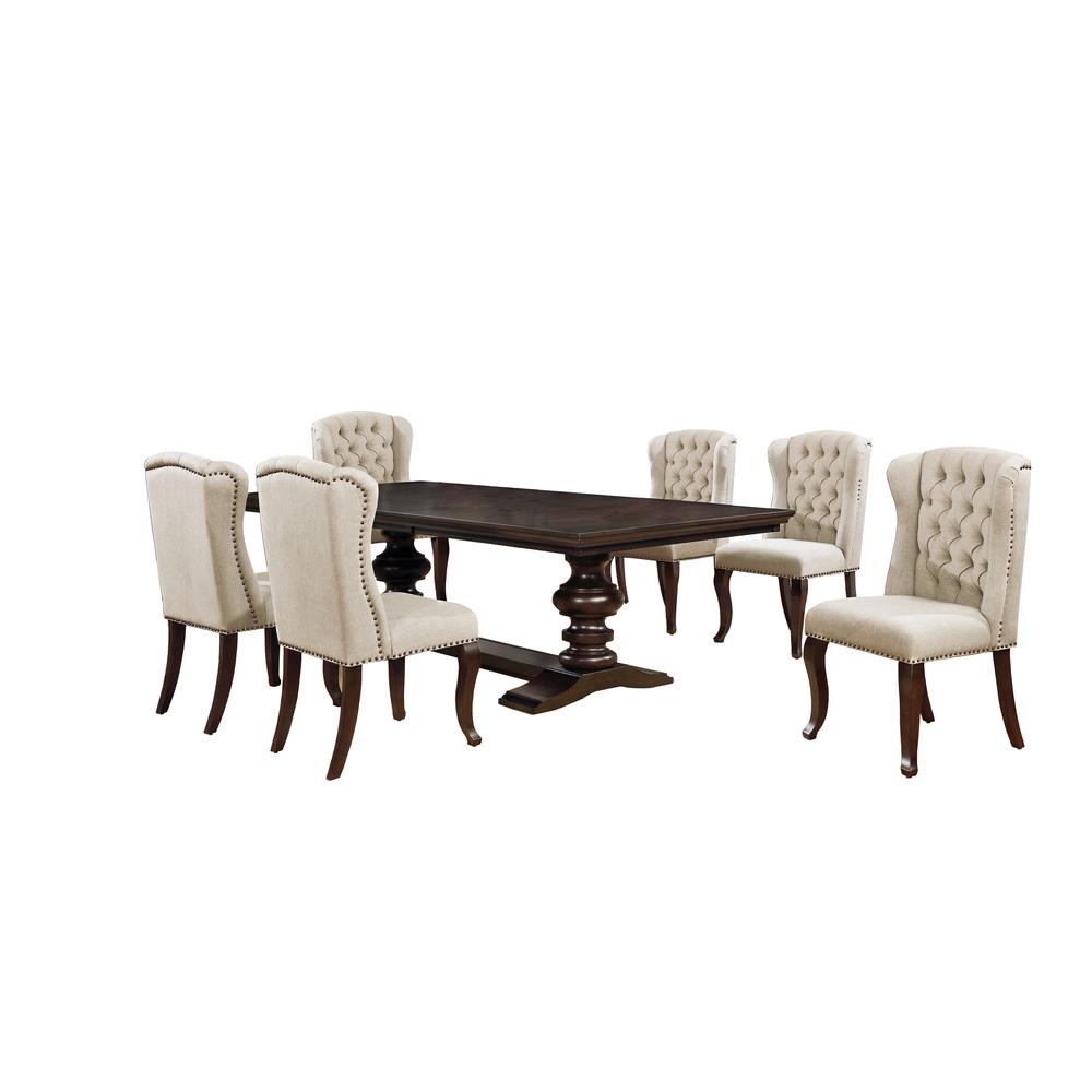 7 Piece Dining Set Extendable w/20″Center Leaf Extension & 6 Chairs in Beige Linen