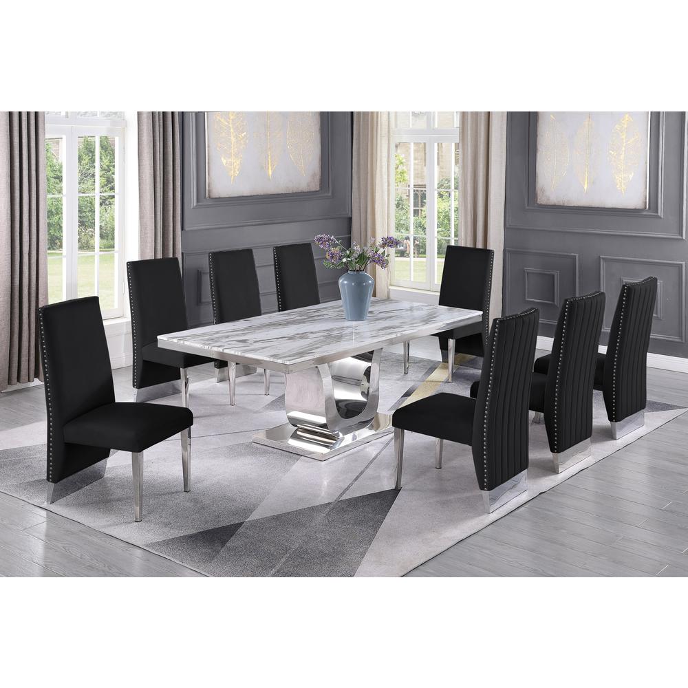 White Marble 9pc Set Pleated Chairs in Black Velvet