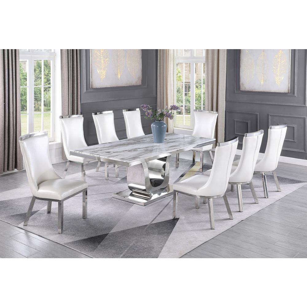 9pc dining set- Rectangle Marble table with a U shape silver base and 8 white faux leather chairs