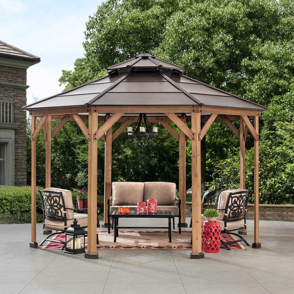 13 ft. x 13 ft. Cedar Framed Octagon Gazebo with Brown Steel 2-tier Hardtop Roof