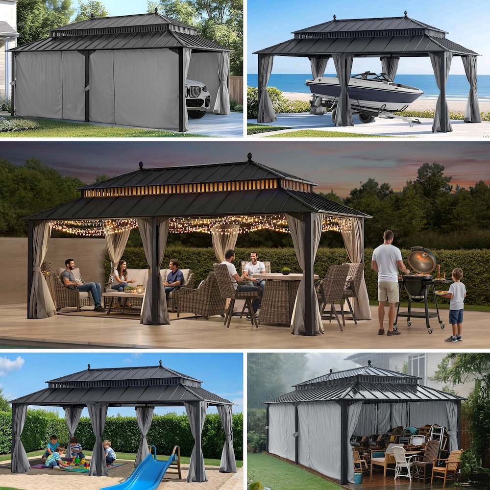 20 ft x 12 ft Aluminum Frame Steel Double Roof Hardtop Rectangular Gazebo