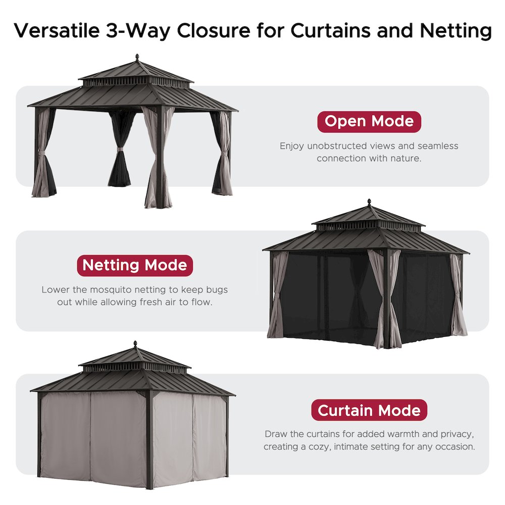 12 ft x 12 ft Aluminum Frame Steel Double Roof Hardtop Rectangular Gazebo