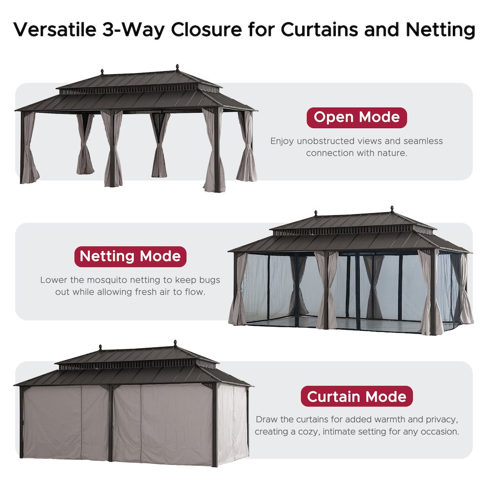 20 ft x 12 ft Aluminum Frame Steel Double Roof Hardtop Rectangular Gazebo