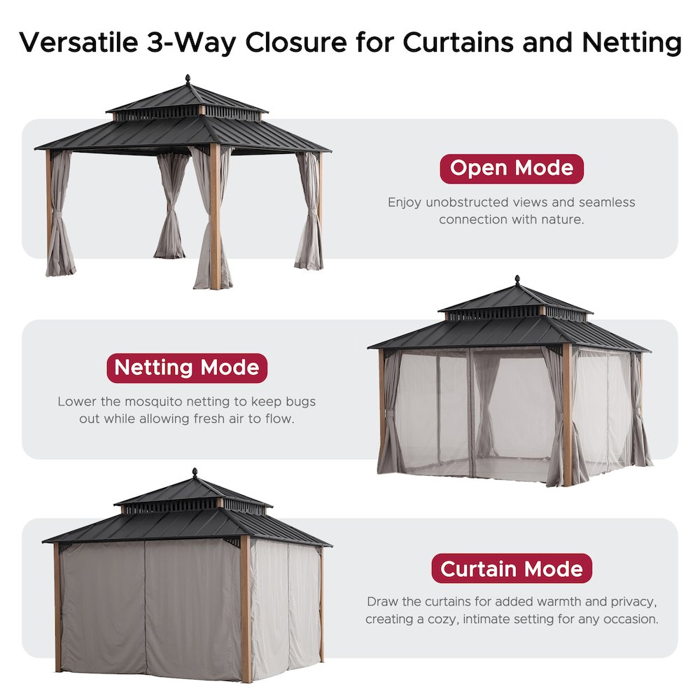 12 ft x 12 ft Aluminum Frame Steel Double Roof Hardtop Rectangular Gazebo