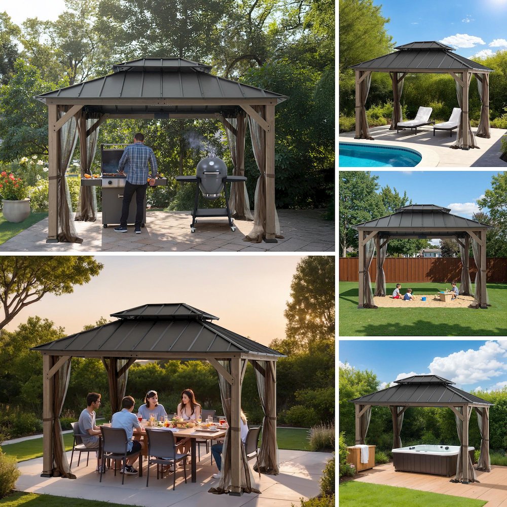 10 ft. x 12 ft. Cedar Wood Gazebo with Galvanized Steel Roof – Brown