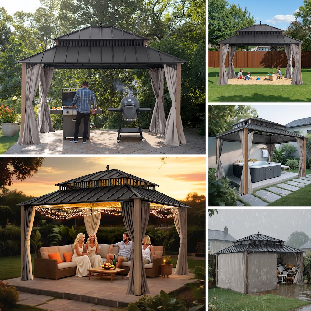 14 ft x 12 ft Aluminum Frame Steel Double Roof Hardtop Rectangular Gazebo