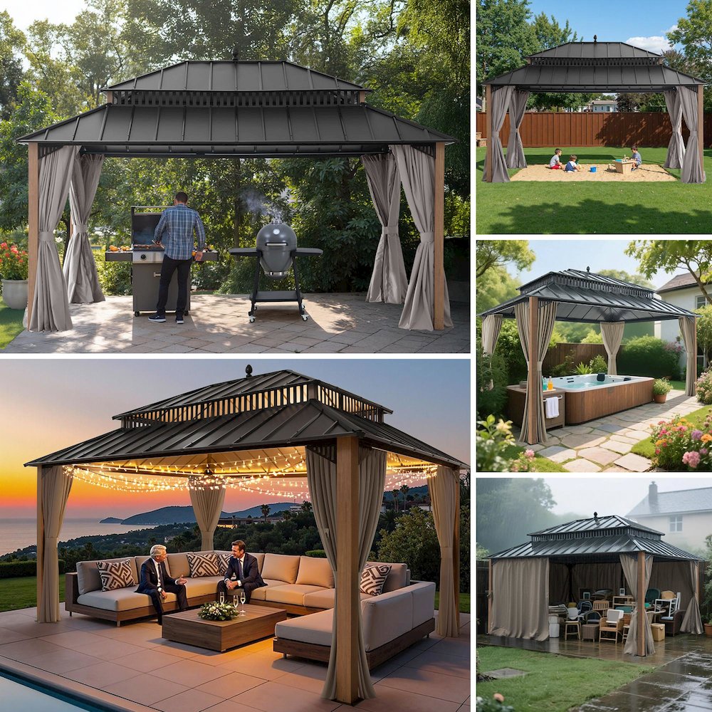 16 ft x 12 ft Woodgrain Aluminum Frame Galvanized Steel Roof Gazebo
