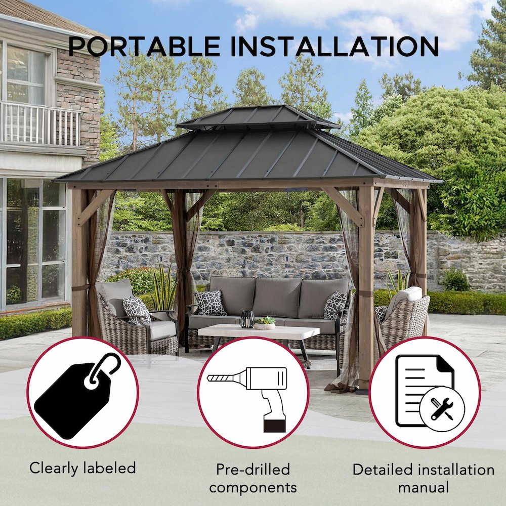 10 ft. x 12 ft. Cedar Wood Gazebo with Galvanized Steel Roof – Brown