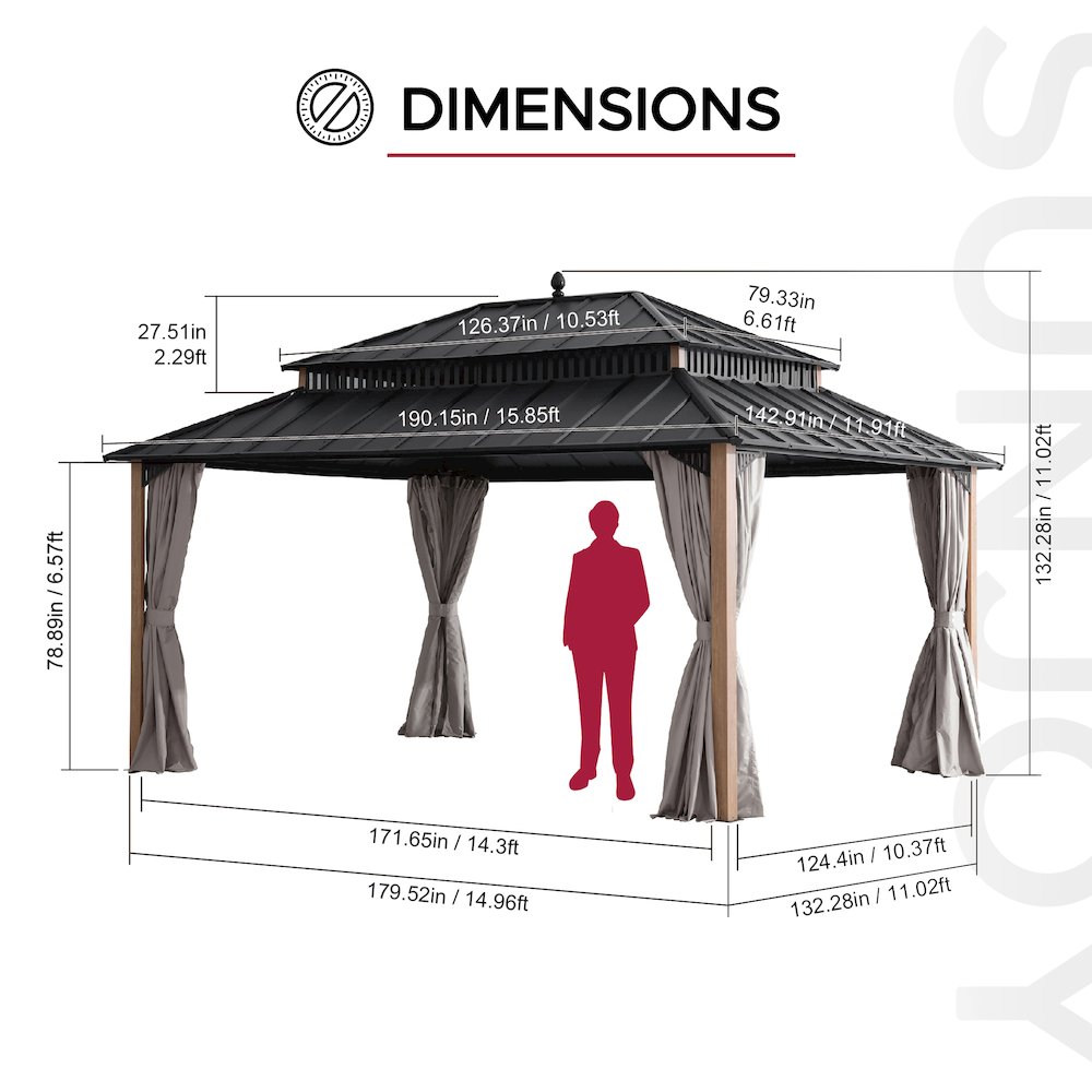 16 ft x 12 ft Woodgrain Aluminum Frame Galvanized Steel Roof Gazebo