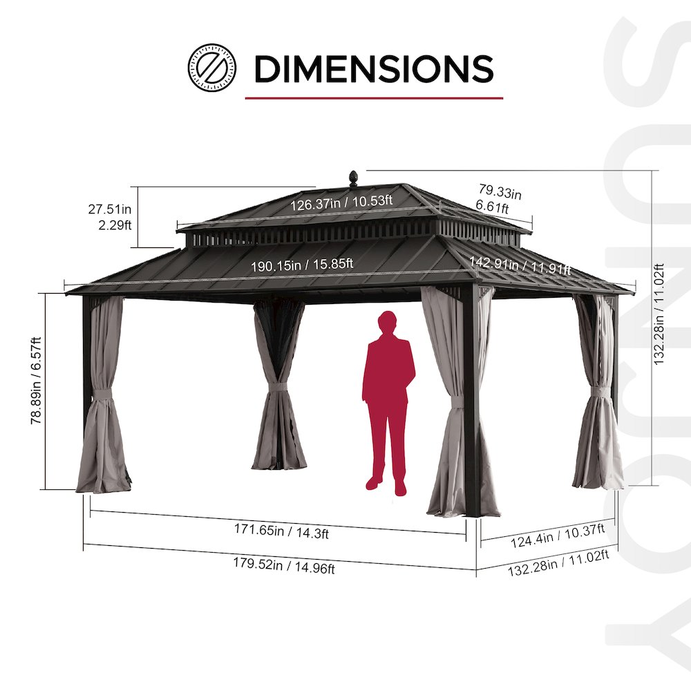 16 ft x 12 ft Aluminum Frame Steel Double Roof Hardtop Rectangular Gazebo
