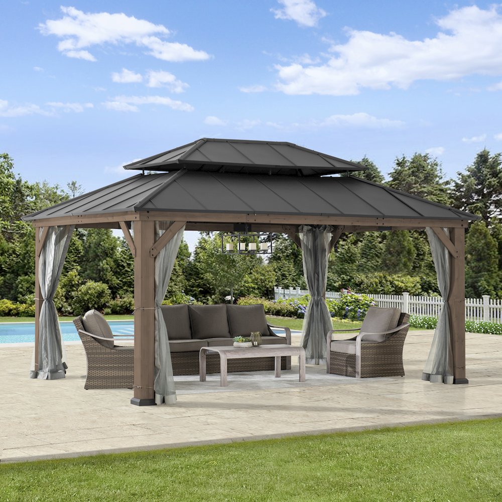 12 ft. x 16 ft. Dark Brown Cedar Frame Gazebo with Double Tier Steel Roof