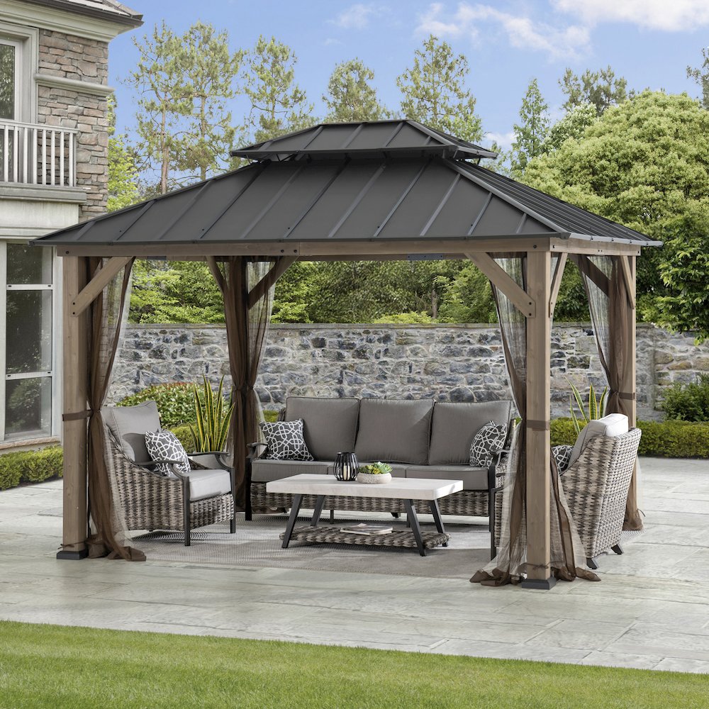 10 ft. x 12 ft. Cedar Wood Gazebo with Galvanized Steel Roof – Brown