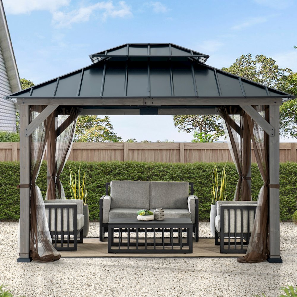 10 ft. x 12 ft. Cedar Wood Gazebo with Galvanized Steel Roof – Gray
