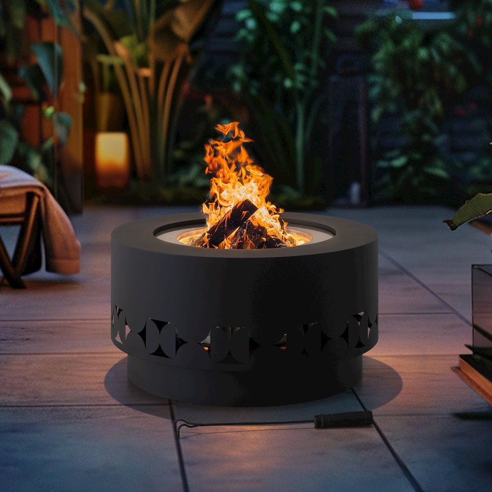 Lawrence 28. Black Steel Wood Burning Outdoor Smokeless Fire Pit with PVC Cover
