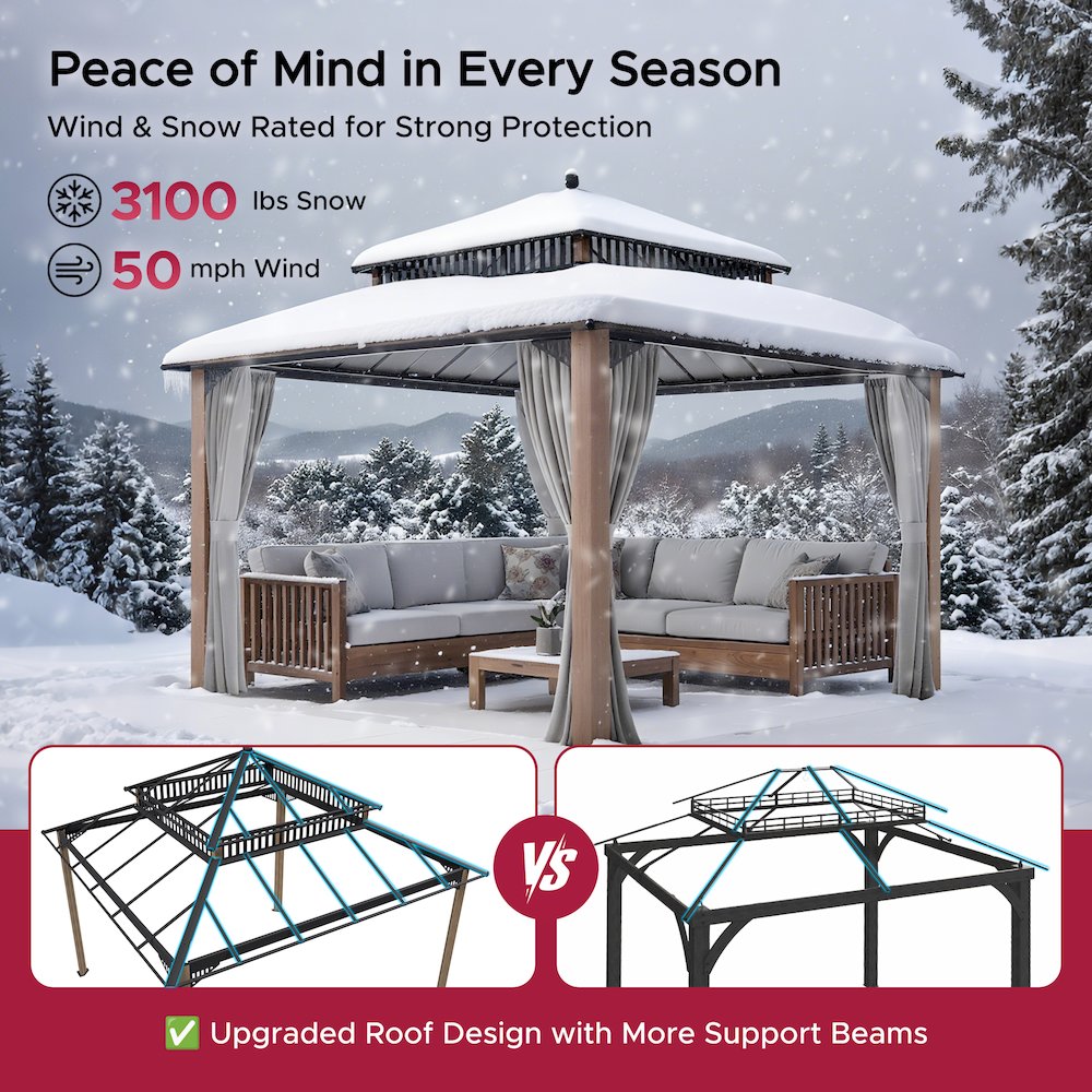 12 ft x 12 ft Aluminum Frame Steel Double Roof Hardtop Rectangular Gazebo