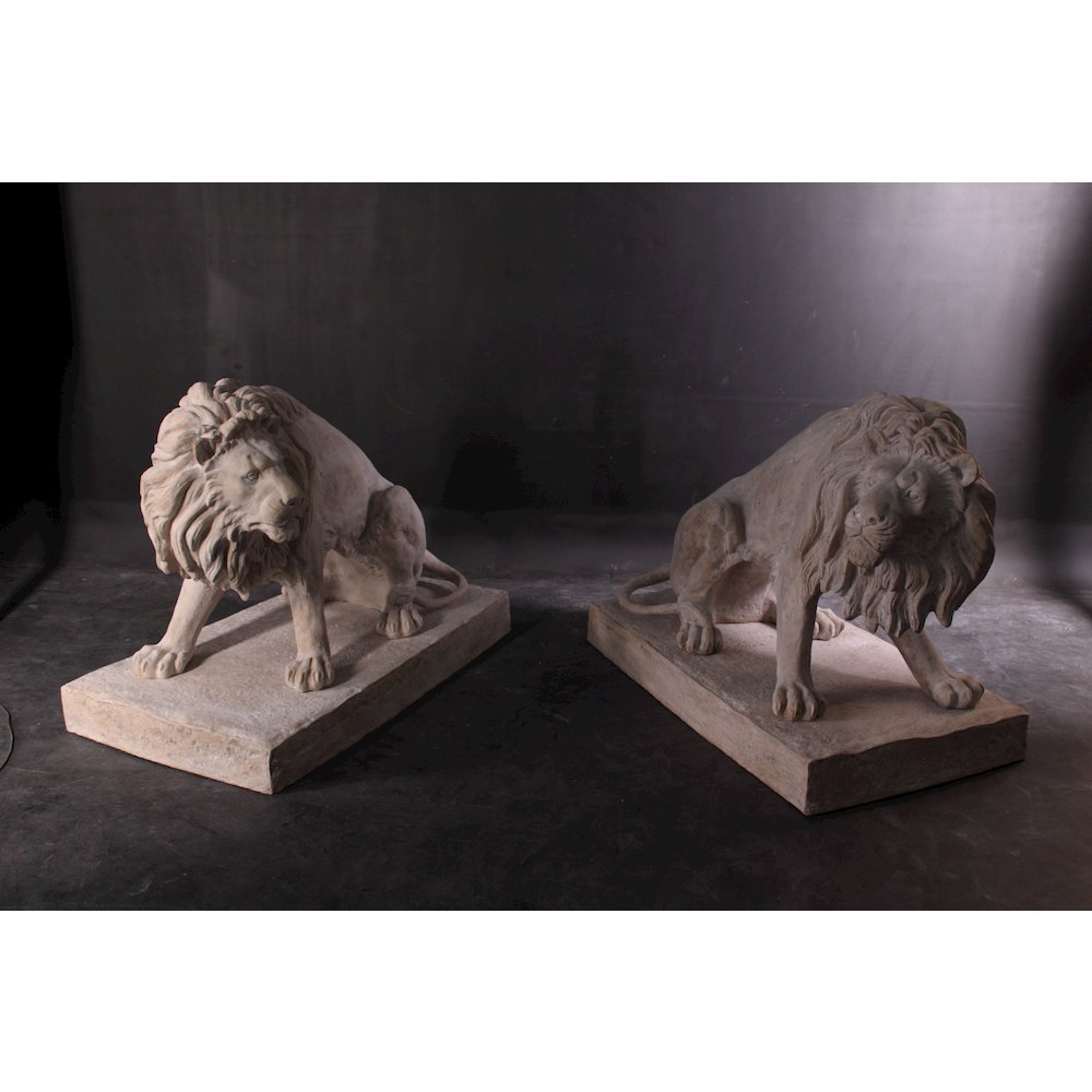 Symmetrical Pair of 39 Inch Entry Lions in Rough Stone