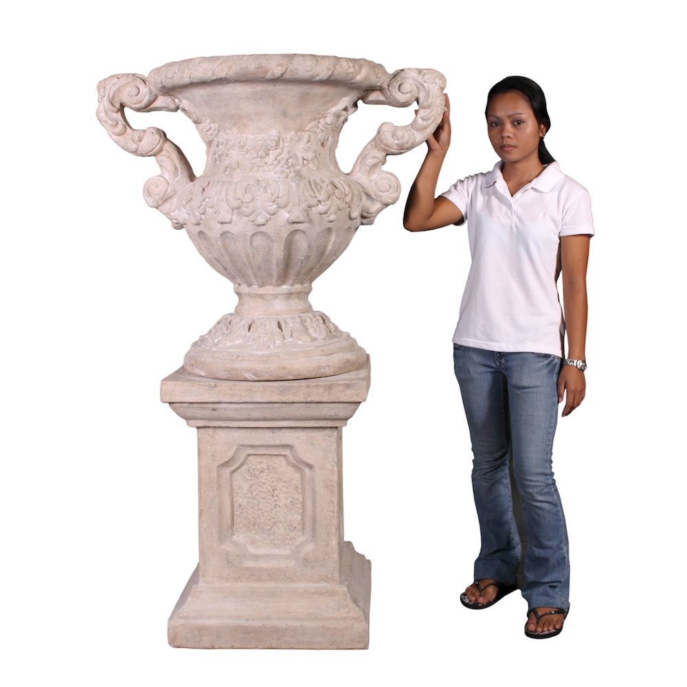 Floral Scrolled Urn on Base Stone Cast