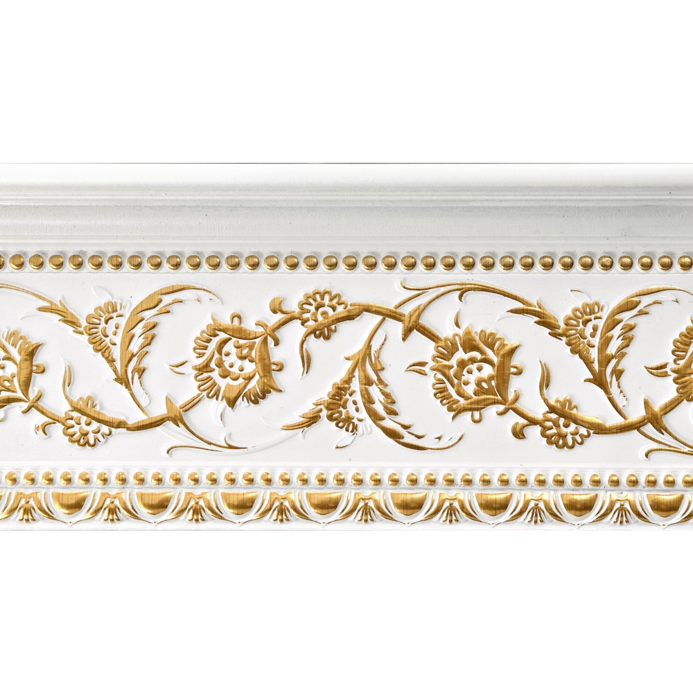 Gold Floral on French White Crown Molding 92 Inch